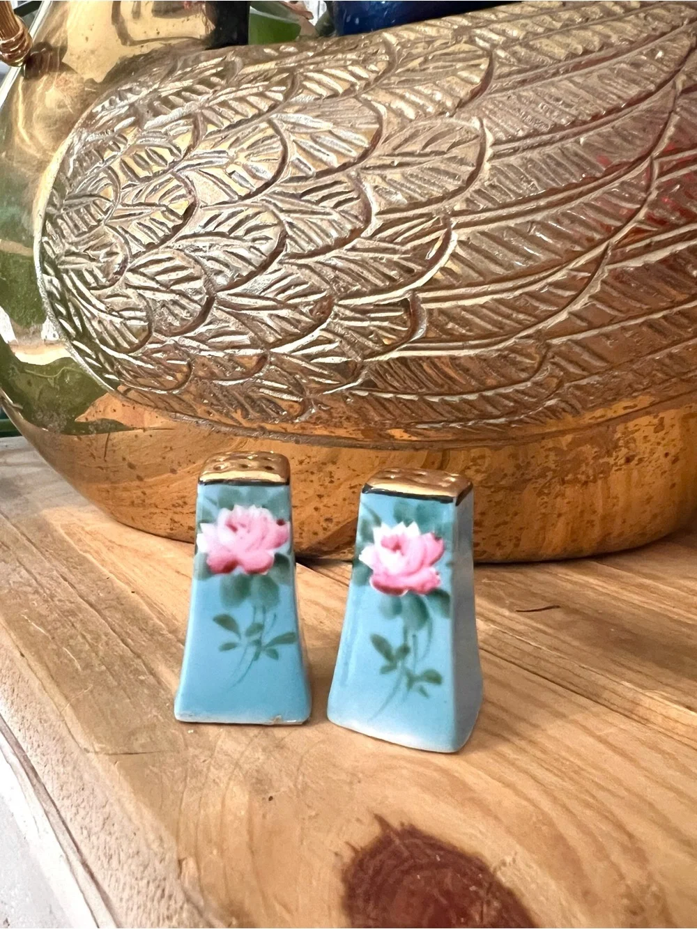 Vintage Salt & Pepper Shakers: Hand-Painted Flowers, Gilding, Blue w/ Pink Rose